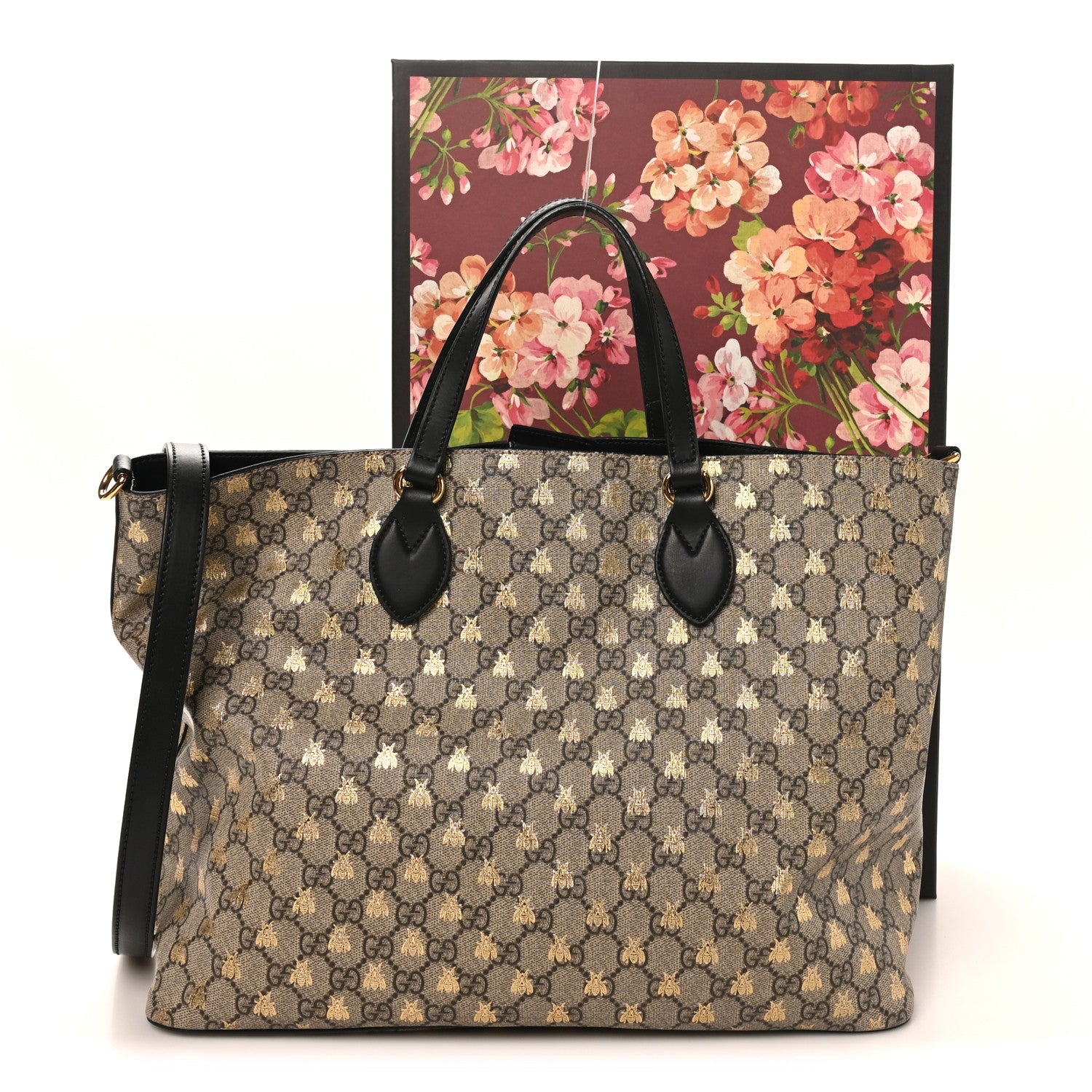 Gucci Soft GG Supreme Monogram Bees Medium Crossbody Tote Beige Oro Black