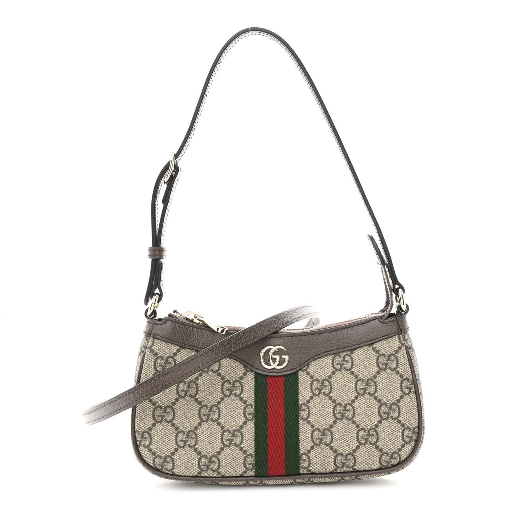 Gucci GG Supreme Monogram Textured Dollar Calfskin Web Mini Ophidia Shoulder Bag Beige Ebony New Acero