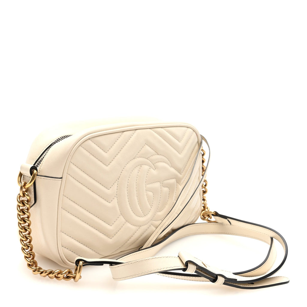 Gucci Calfskin Matelasse Small GG Marmont Chain Shoulder Bag White