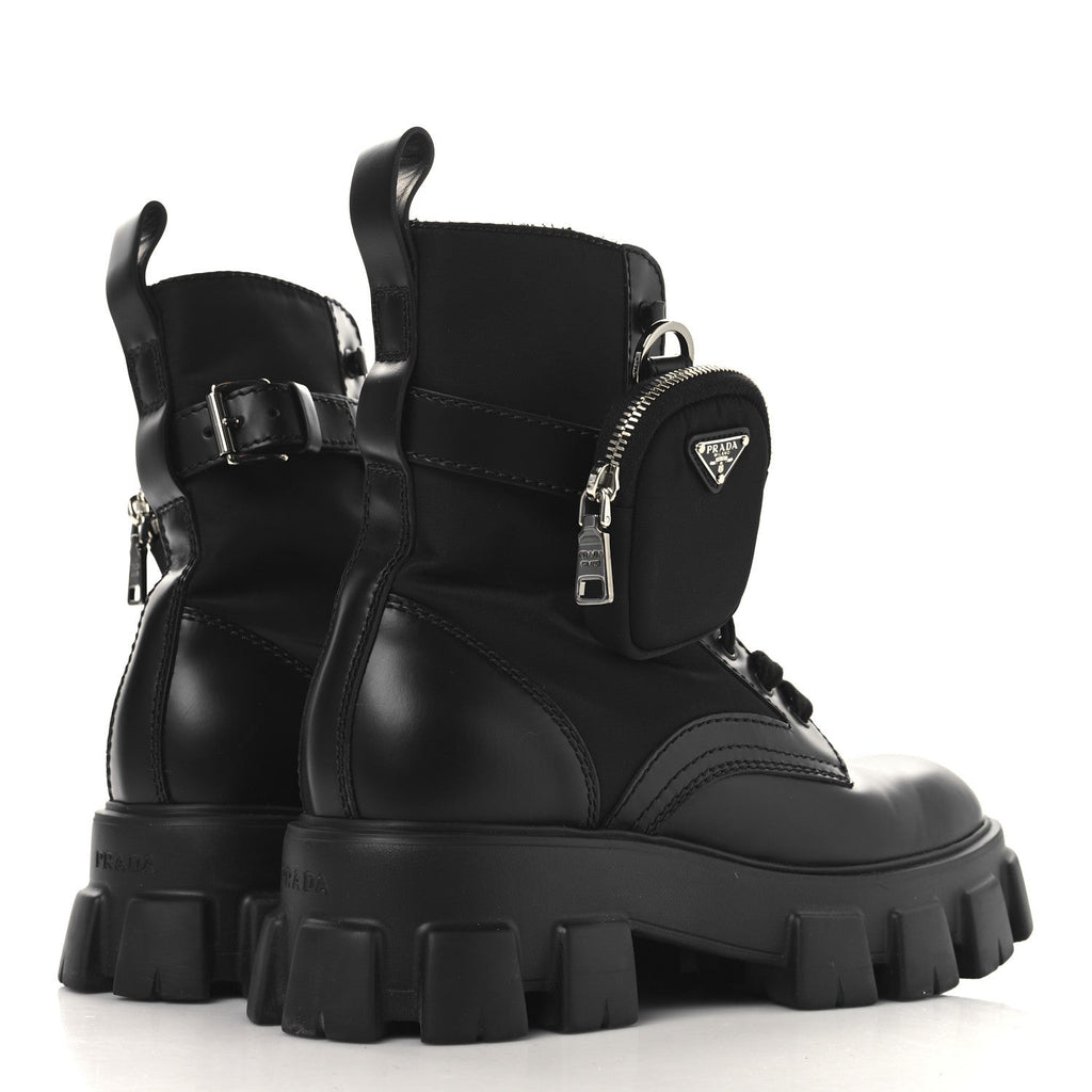 Prada Spazzolato Rois Re-Nylon Metal Triangle Logo Monolith Pouch Pocket 55mm Boots 38 Black