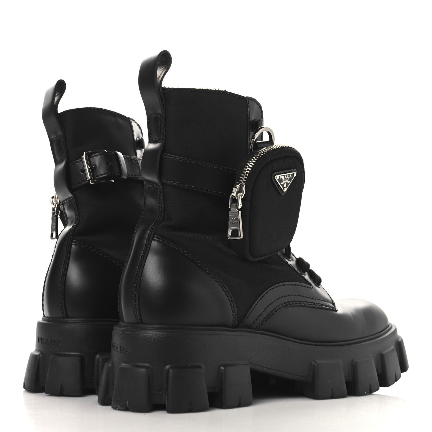 Prada Spazzolato Rois Re-Nylon Metal Triangle Logo Monolith Pouch Pocket 55mm Boots 38 Black