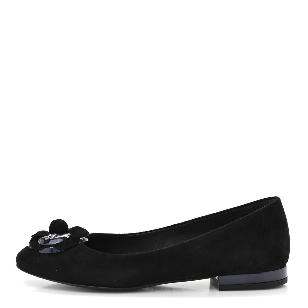 Chanel Suede Patent Camellia CC Ballerina Flat 37 Navy Black