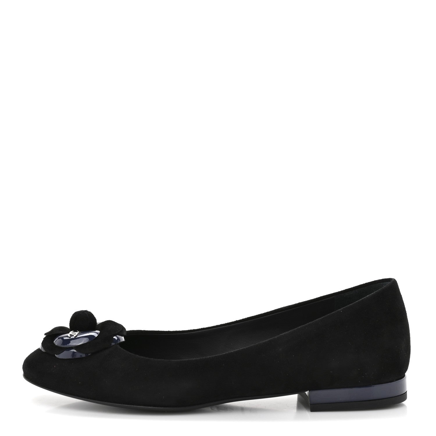 Chanel Suede Patent Camellia CC Ballerina Flat 37 Navy Black