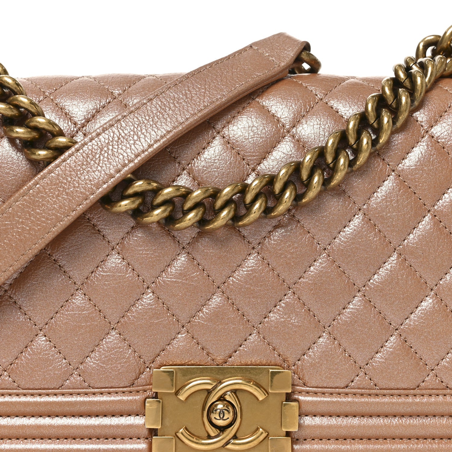 Chanel Metallic Calfskin Quilted Medium Boy Flap Dark Beige
