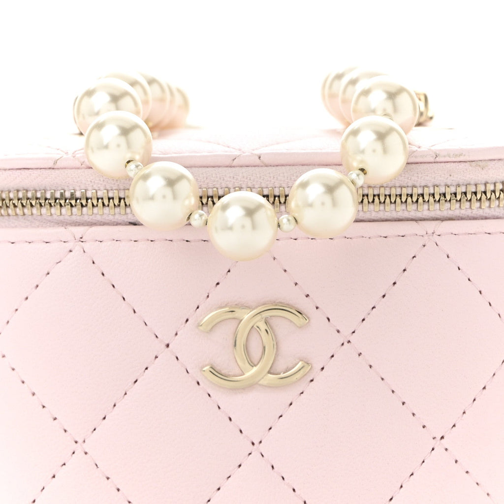 Chanel Lambskin Quilted Mini Vanity Case With Pearl Chain Light Pink