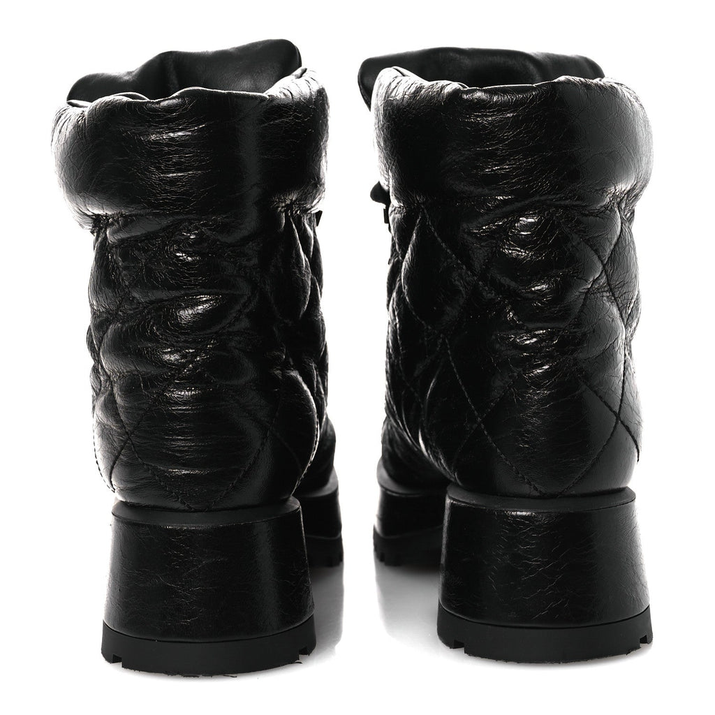 Crumpled Patent Lambskin Calfskin Quilted Lace Up Combat Boots 39 Black