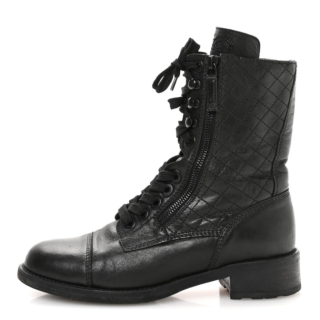Chanel Sheepskin Quilted CC Tall Lace Up Combat Boots 38.5 Black