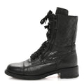 Chanel Sheepskin Quilted CC Tall Lace Up Combat Boots 38.5 Black