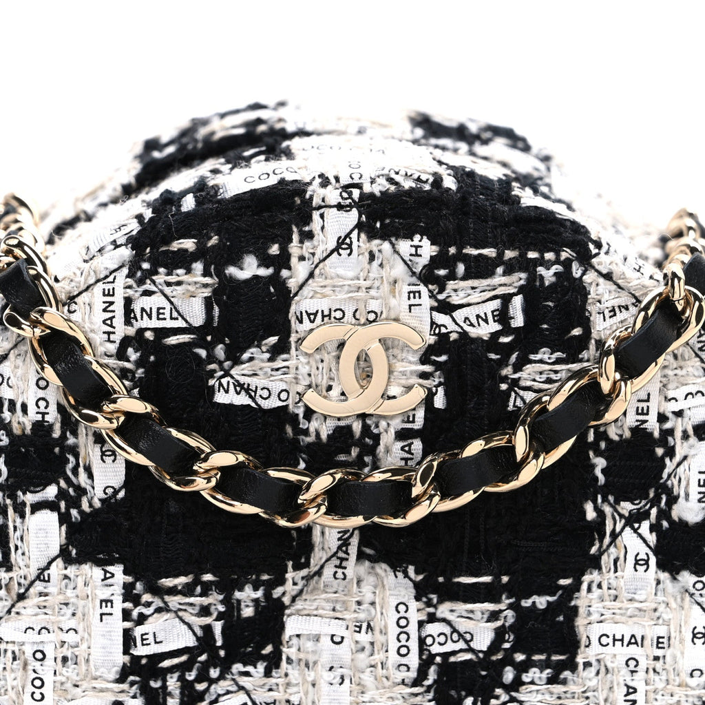 Chanel Tweed Quilted Round Clutch With Chain Black Ecru White
