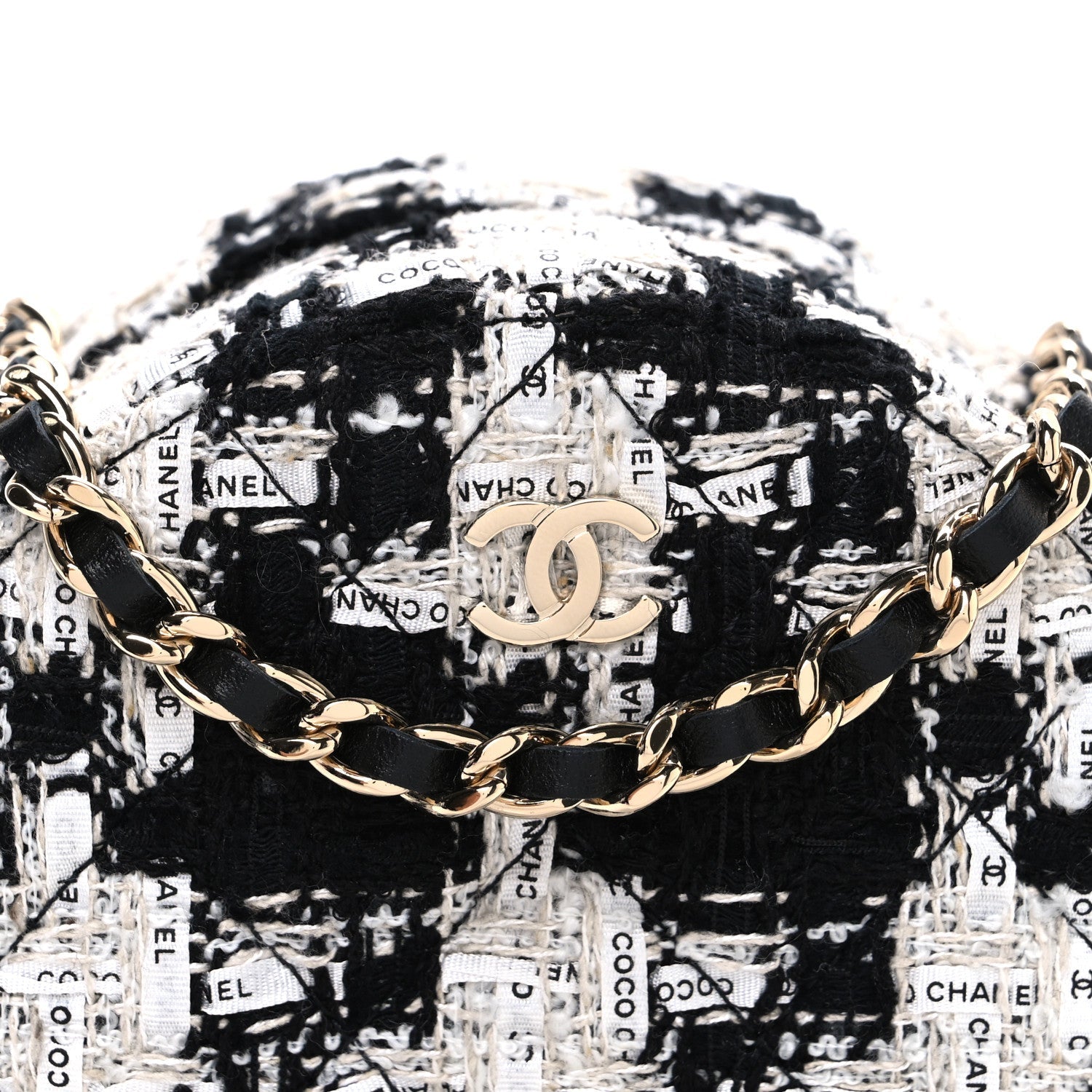 Chanel Tweed Quilted Round Clutch With Chain Black Ecru White
