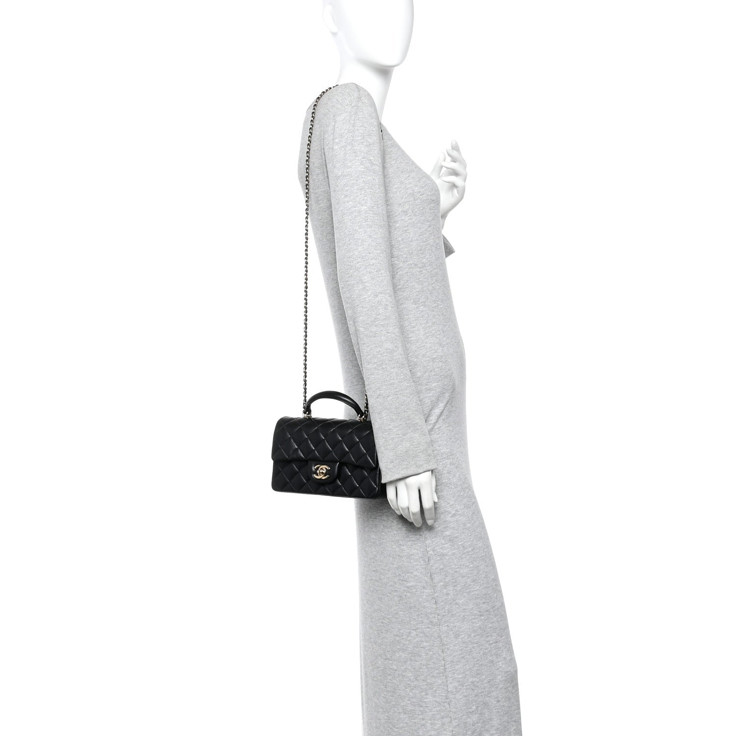 Chanel Lambskin Quilted Mini Top Handle Rectangular Flap Black