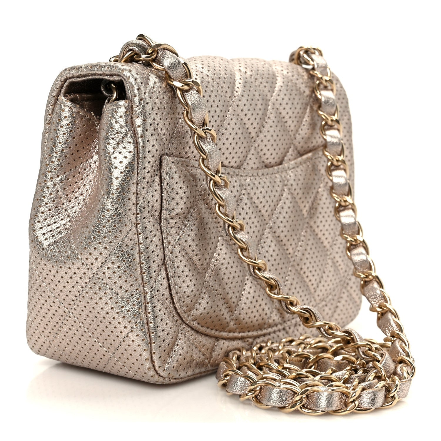 Chanel Metallic Lambskin Perforated Mini Square Flap Light Pink