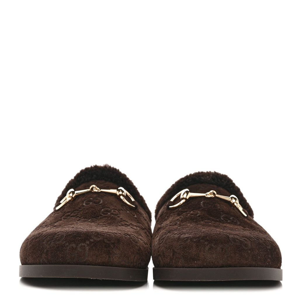 Gucci Suede GG Debossed Shearling Womens Horsebit Mules 36 Dark Brown