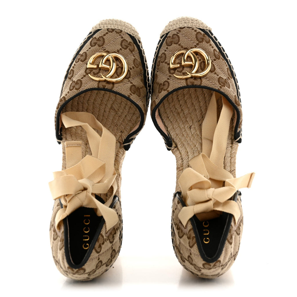 Gucci Monogram Matelasse GG Marmont Ankle Wrap Platform 35/120mm Espadrille Wedges 39.5 Beige Ebony Black Sand Storm