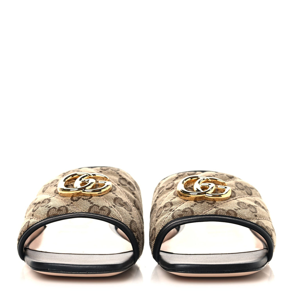 Gucci Monogram Matelasse Diagonal GG Marmont Flat Slide Sandals 37.5 Beige Ebony Black