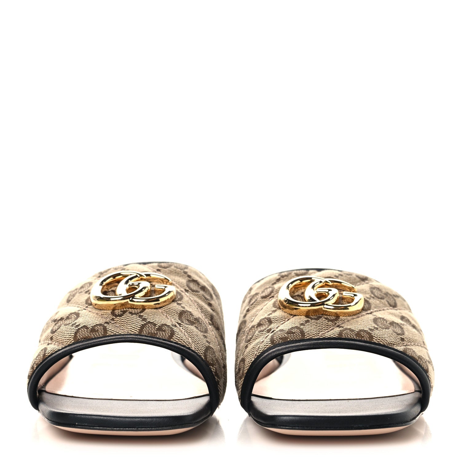Gucci Monogram Matelasse Diagonal GG Marmont Flat Slide Sandals 37.5 Beige Ebony Black
