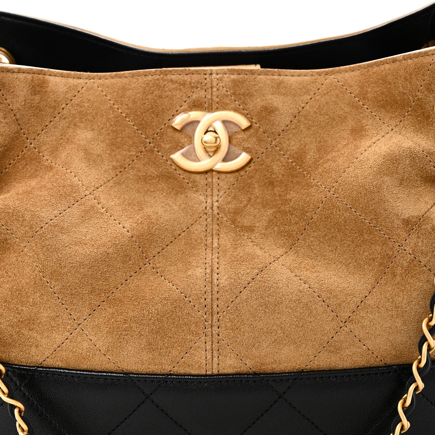 Chanel Suede Calfskin Shiny Lambskin Quilted Small Coco Base Shopping Bag Beige Black