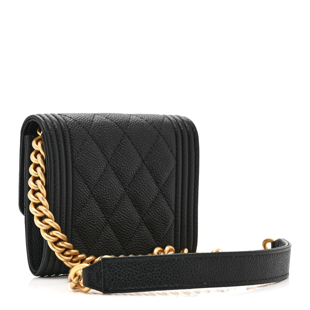 Chanel Caviar Quilted Boy Card Holder On Chain Black