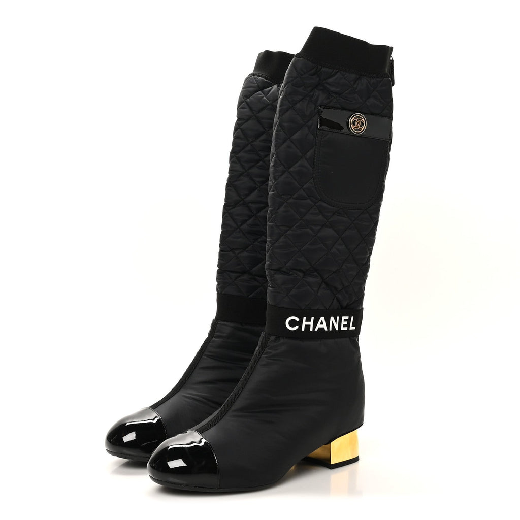 Mixed Fibers Lambskin Patent Calfskin Convertible High Boots 38.5 Black