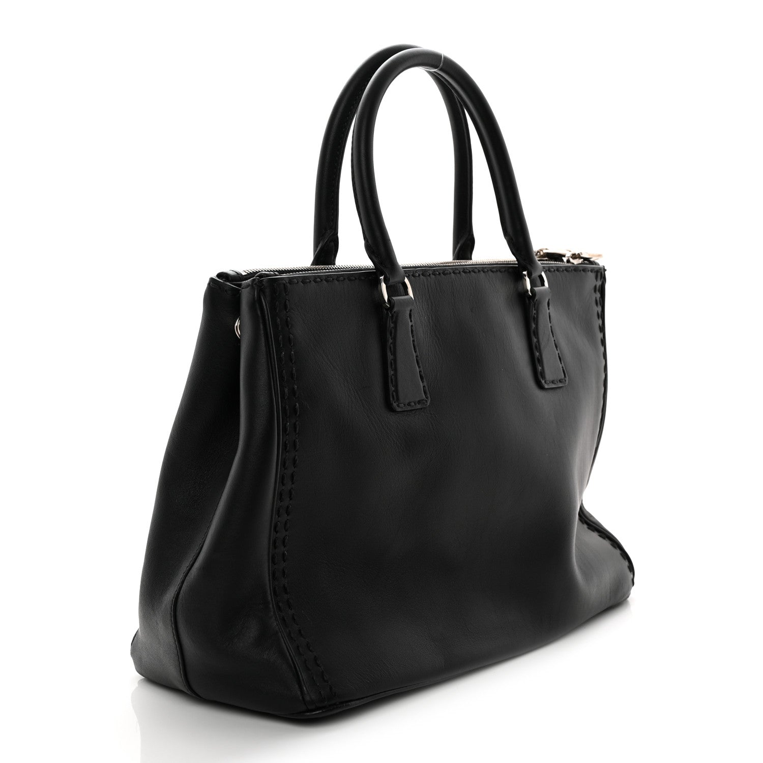 Prada City Calf Hand Stitched Large Galleria Double Zip Tote Black