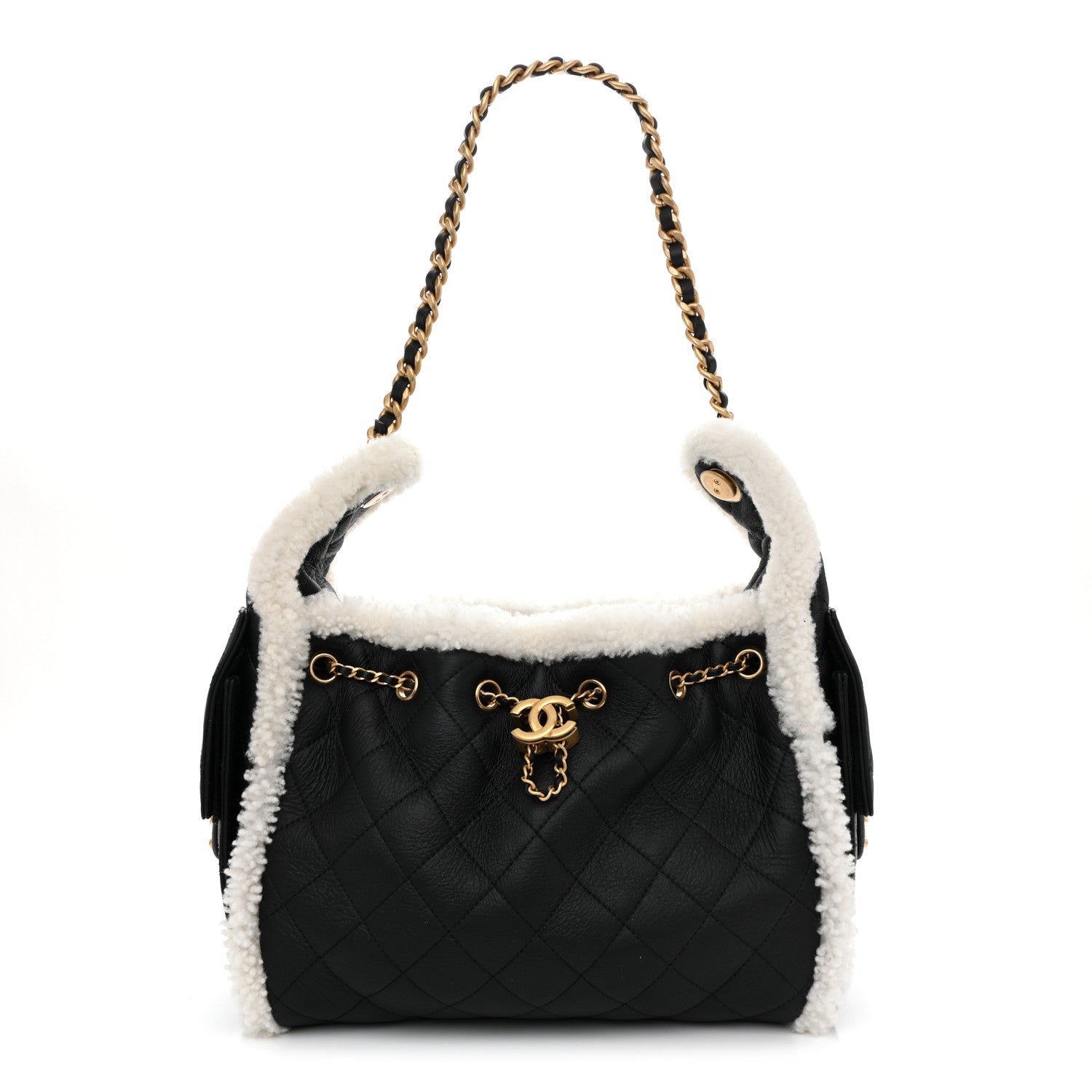 Chanel Crumpled Sheepskin Shearling Quilted Small Chanel 25 Handbag Black White
