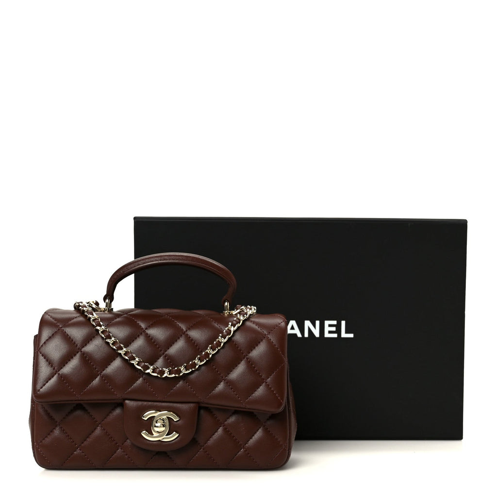 Chanel Lambskin Quilted Mini Top Handle Rectangular Flap Dark Brown