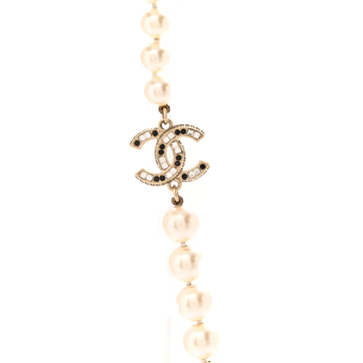 Baguette Crystal Pearl CC Long Necklace Black Gold