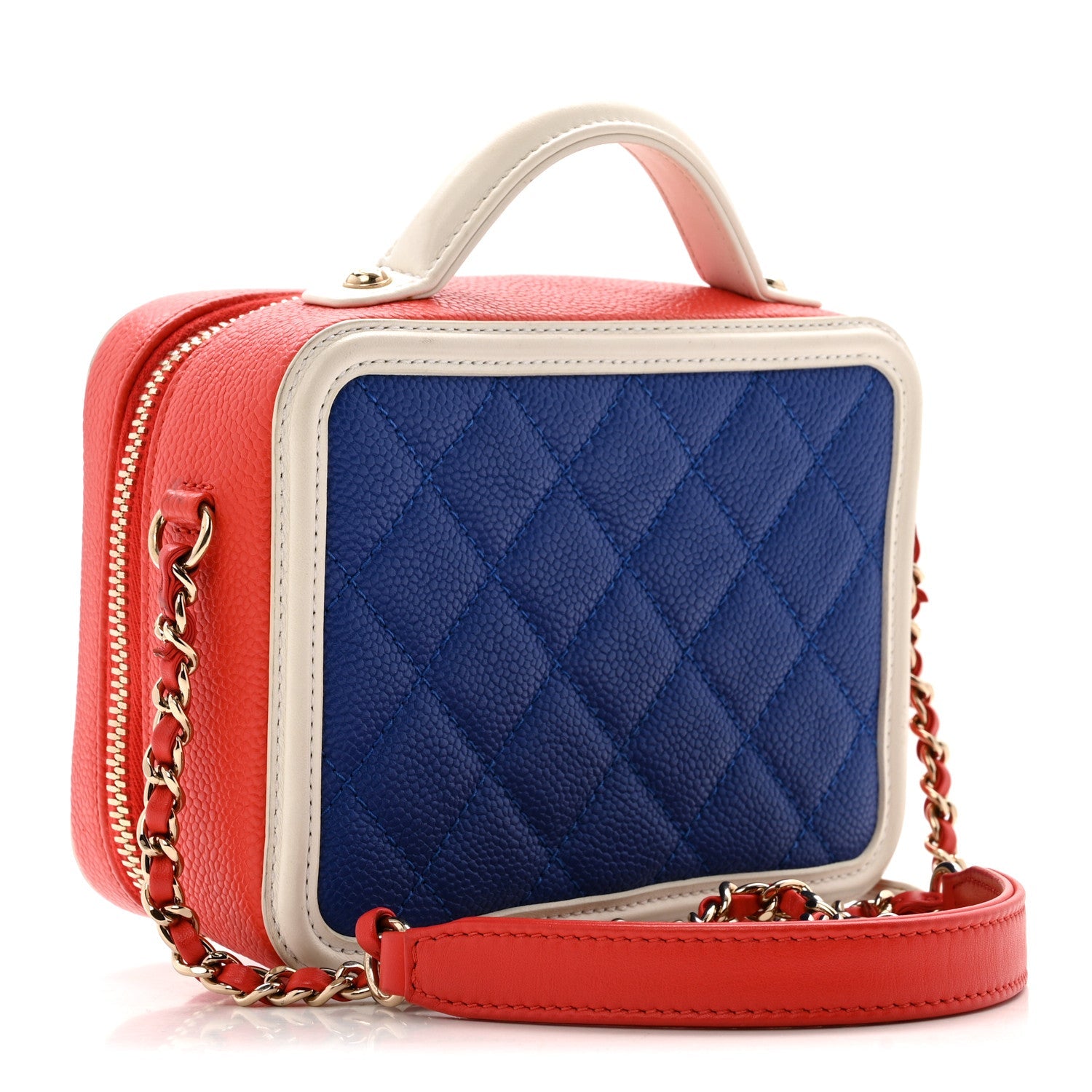 Chanel Caviar Quilted Small CC Filigree Vanity Case Blue White Red