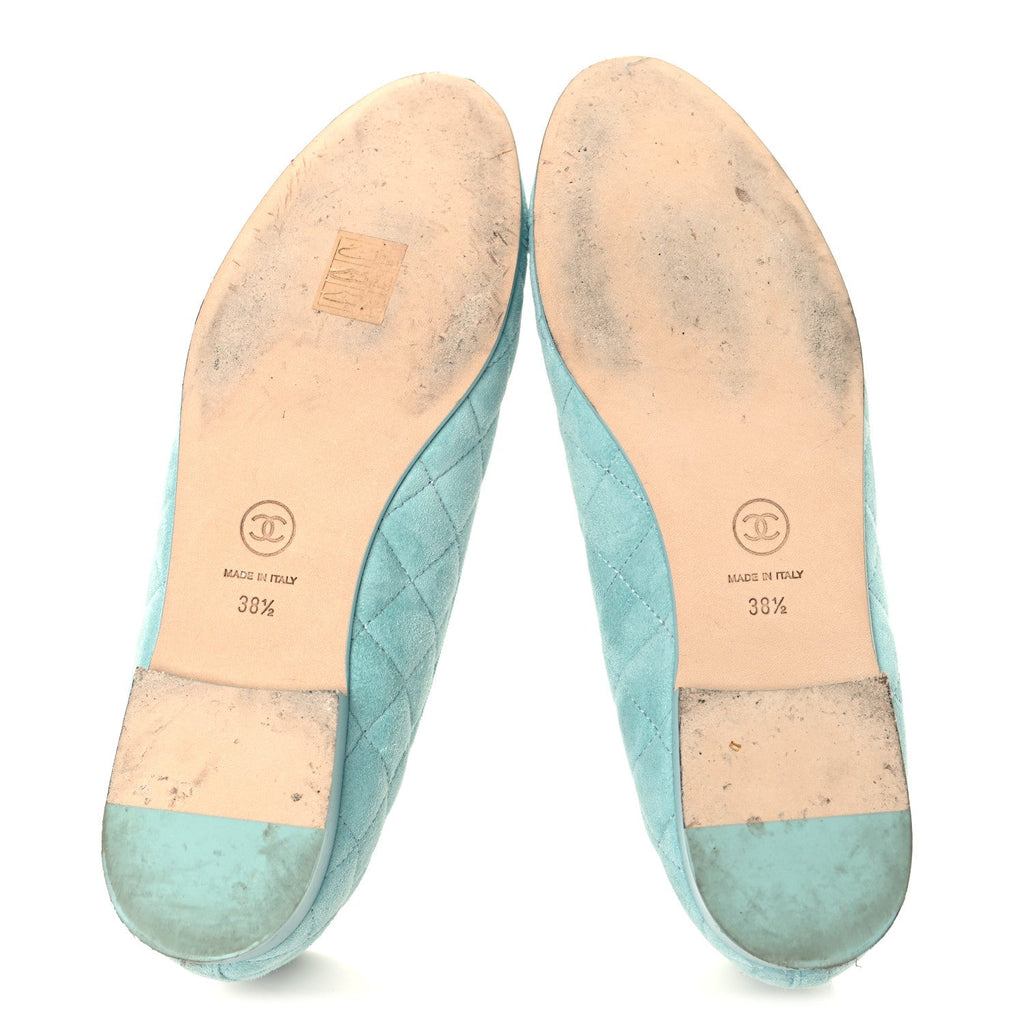 Chanel Suede Calfskin Quilted Cap Toe CC Ballerina Flats 38.5 Light Blue