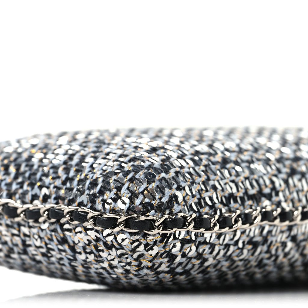Chanel Tweed Sequin Chain Around Phone Holder Silver Black