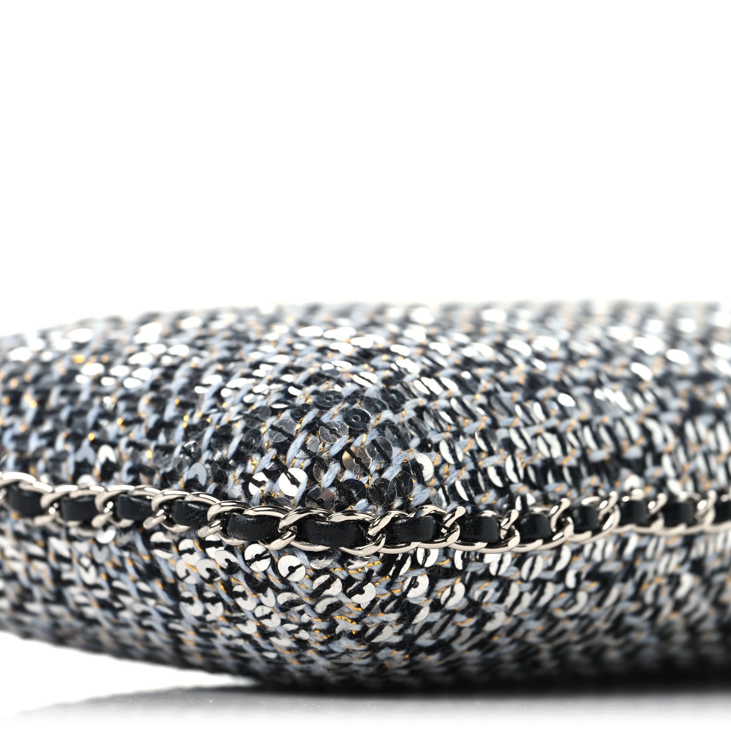 Chanel Tweed Sequin Chain Around Phone Holder Silver Black