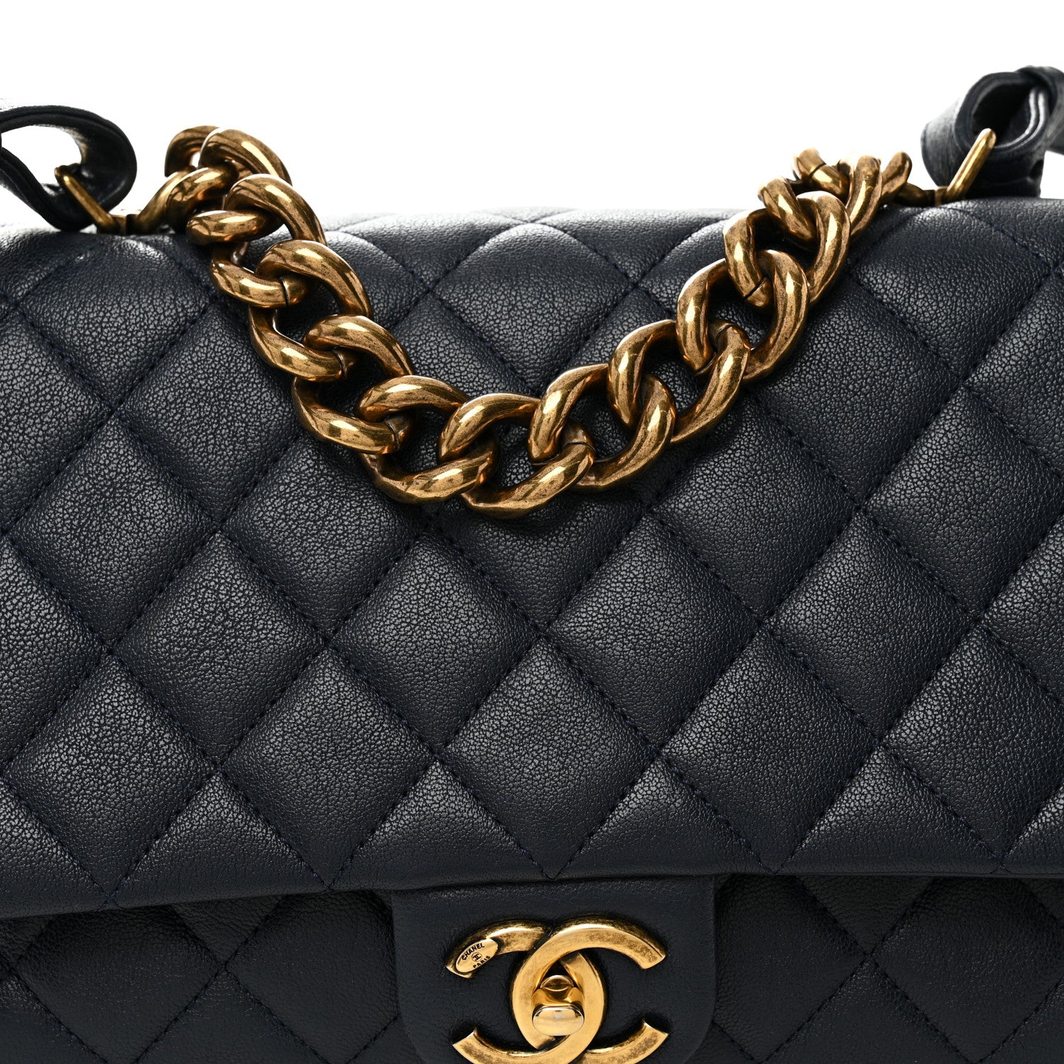 Chanel Shiny Sheepskin Quilted Large Trapezio Flap Navy