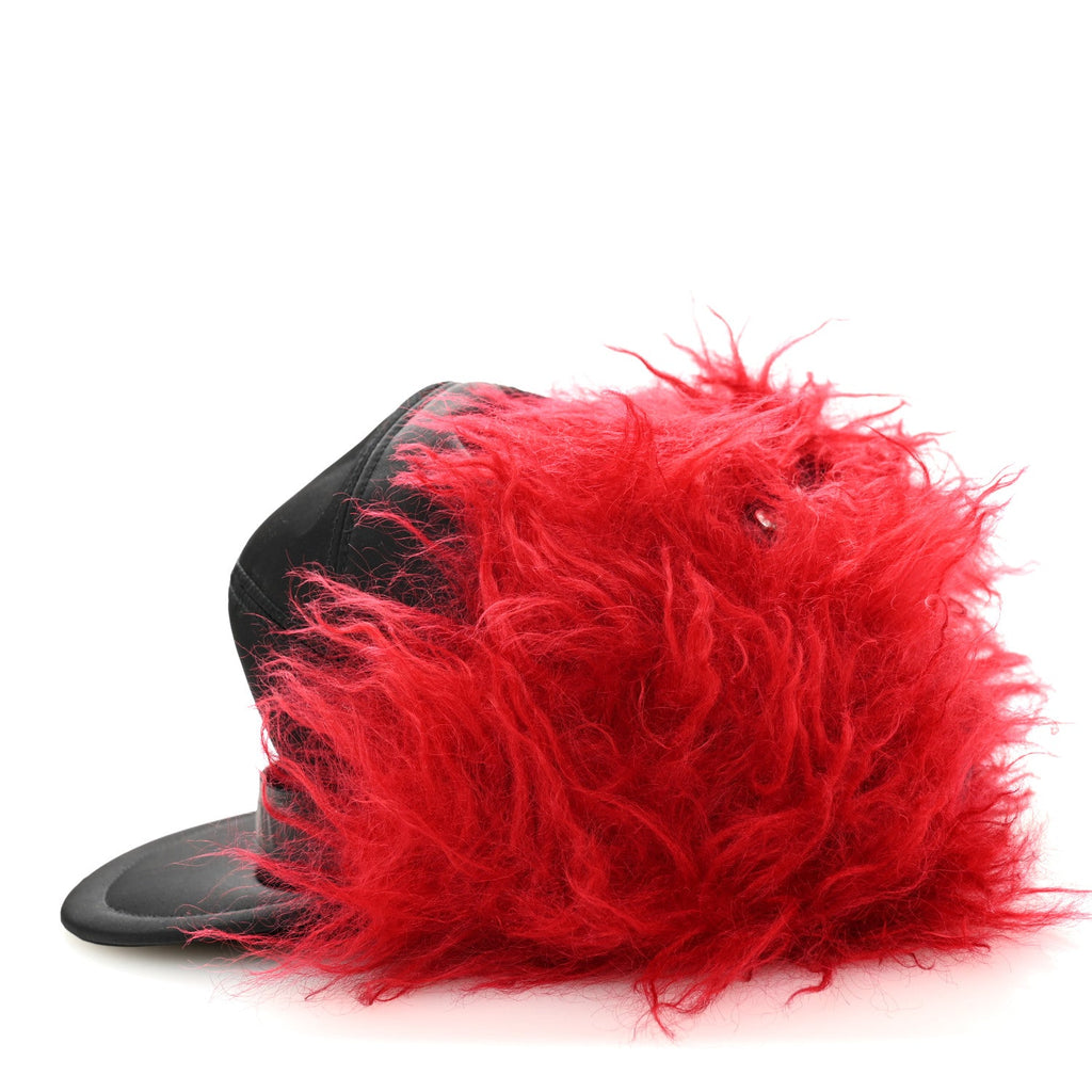 Prada Re-Nylon Curly Faux Fur Mens Ear Flap Baseball Hat L Black Cerise
