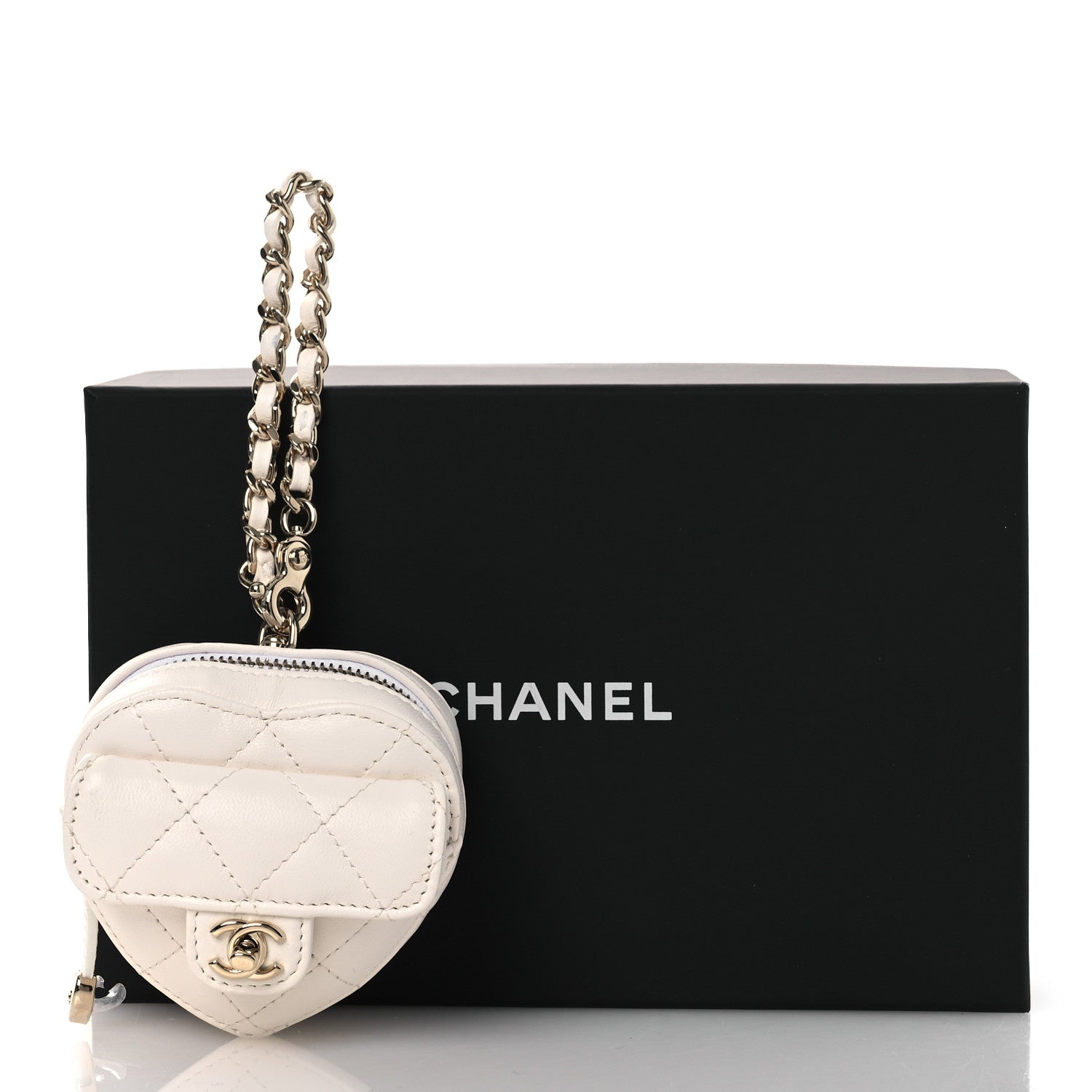 Lambskin Quilted CC Mini In Love Heart Bag Charm White