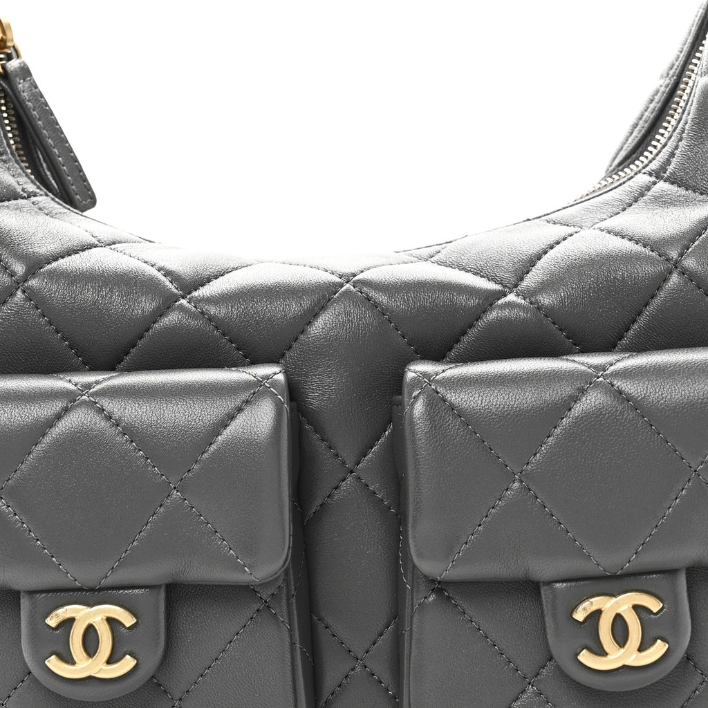 Chanel Shiny Lambskin Quilted Large Trendy Pockets Hobo Grey