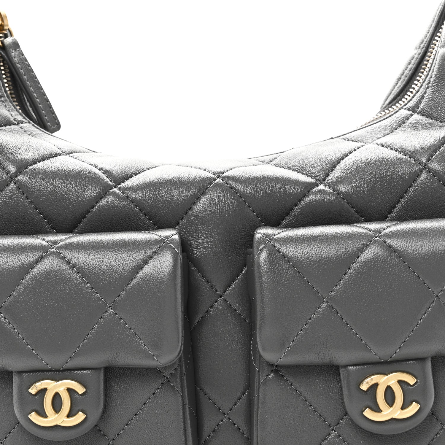 Chanel Shiny Lambskin Quilted Large Trendy Pockets Hobo Grey