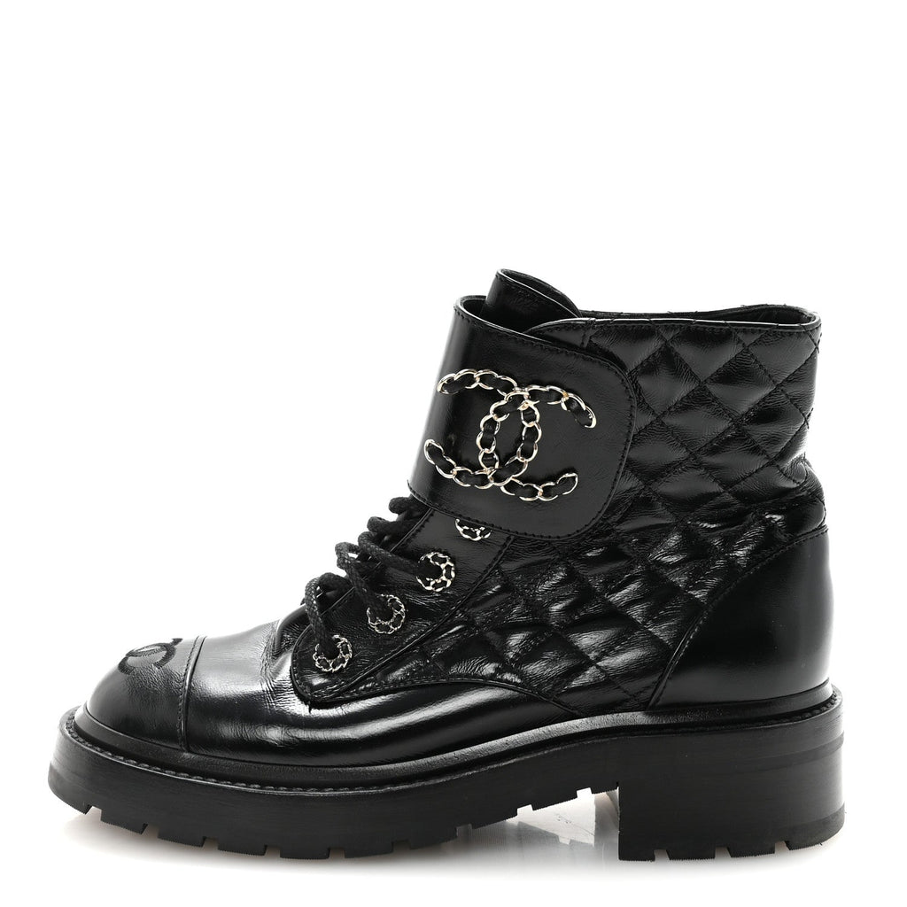 Chanel Shiny Calfskin Quilted Lace Up Combat Boots 37.5 Black
