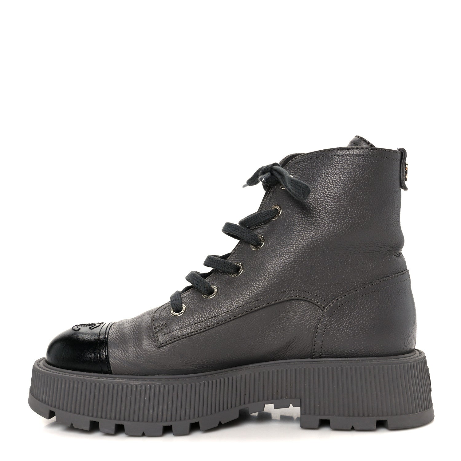 Grained Calfskin Shiny Calfskin CC Lace Up Combat Boots 41 Gray Black