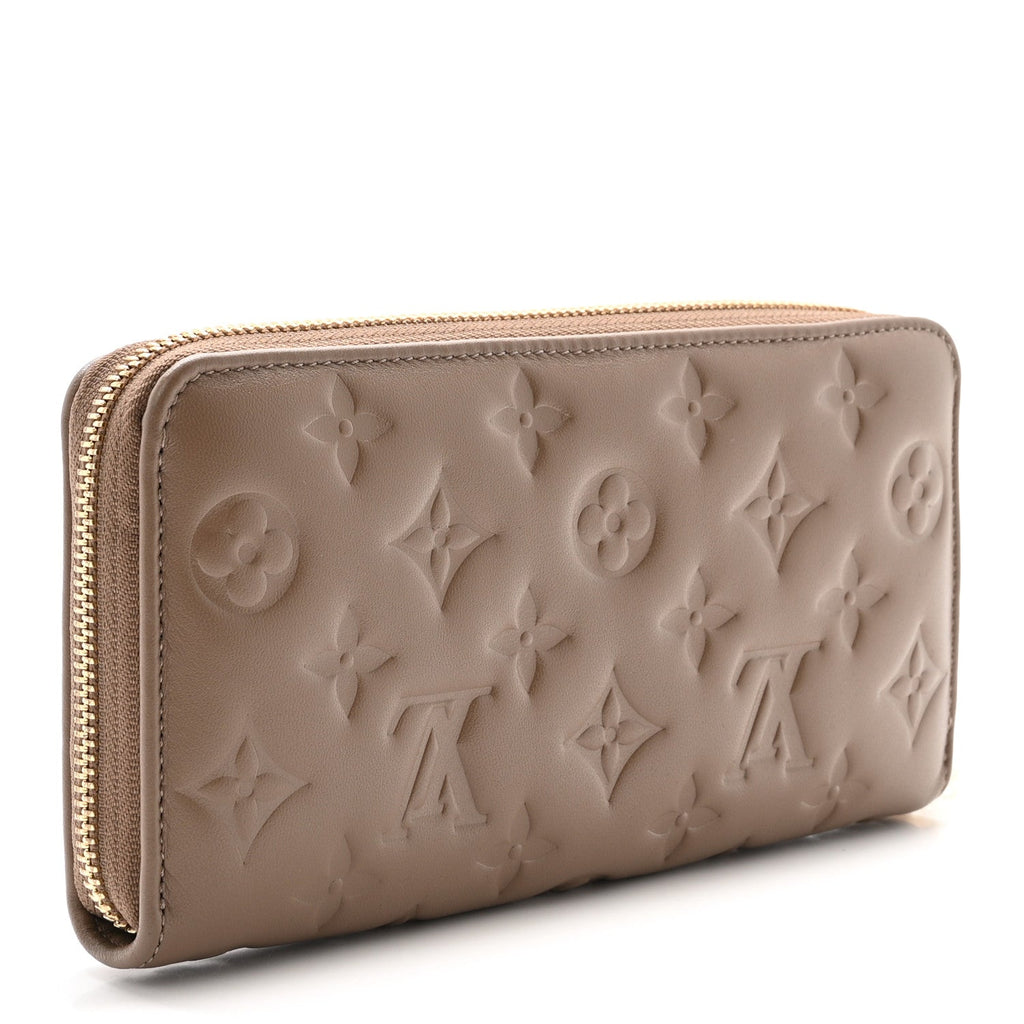 Louis Vuitton Lambskin Embossed Monogram Coussin Zippy Wallet Taupe