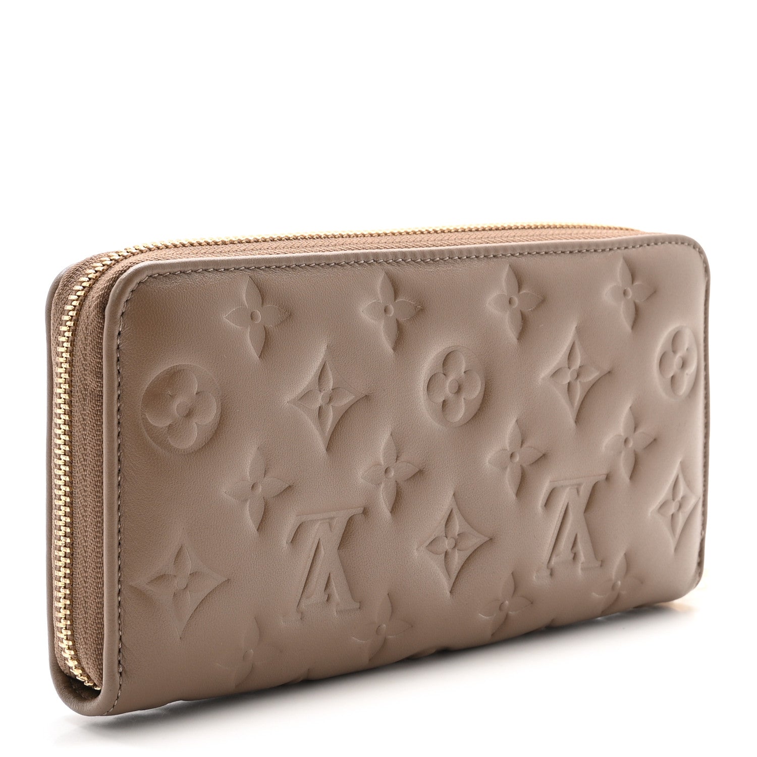 Louis Vuitton Lambskin Embossed Monogram Coussin Zippy Wallet Taupe