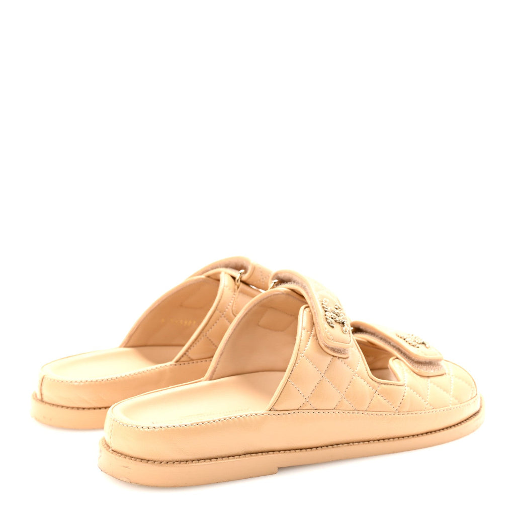Lambskin Quilted Velcro Dad Chain CC Slide Sandals 39.5 Beige