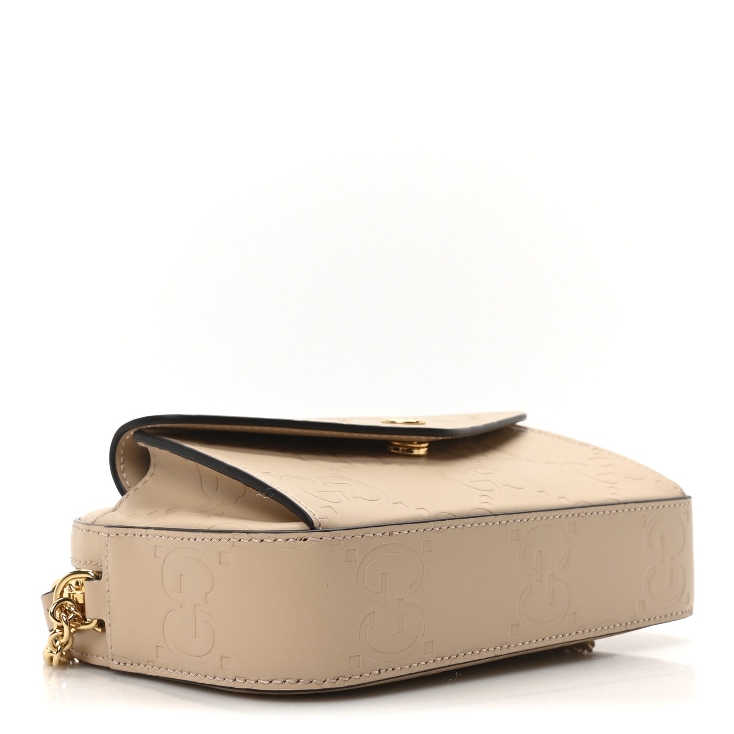 Gucci Calfskin GG Super Mini Debossed Chain Wallet Light Beige