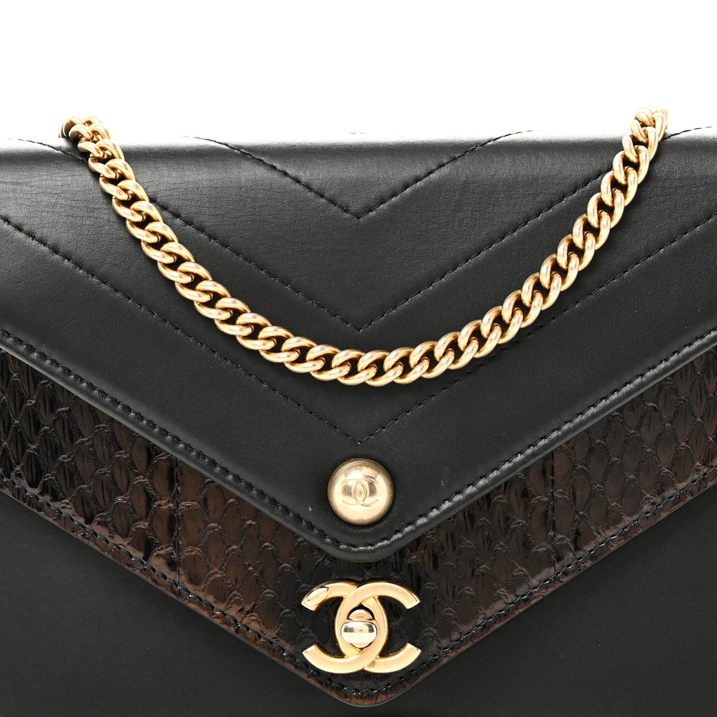 Chanel Calfskin Elaphe Double Chevron Mini Wallet On Chain WOC Black