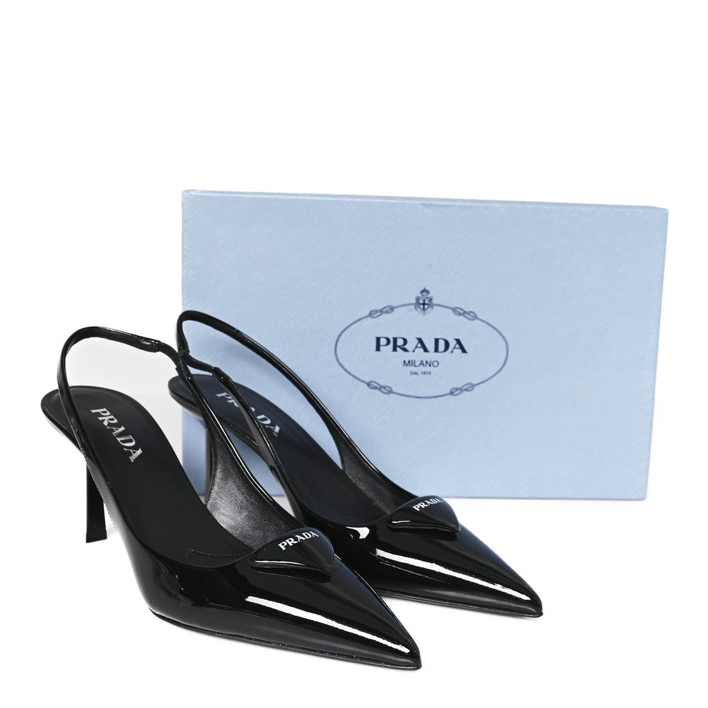 Prada Vernice Logo Pointed Toe Slingback Pumps 40 Black