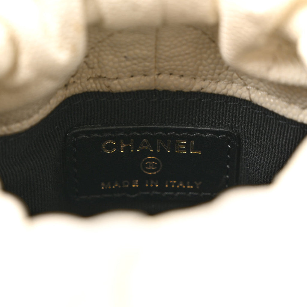 Chanel Caviar Quilted Coco First Bucket Clutch With Chain White