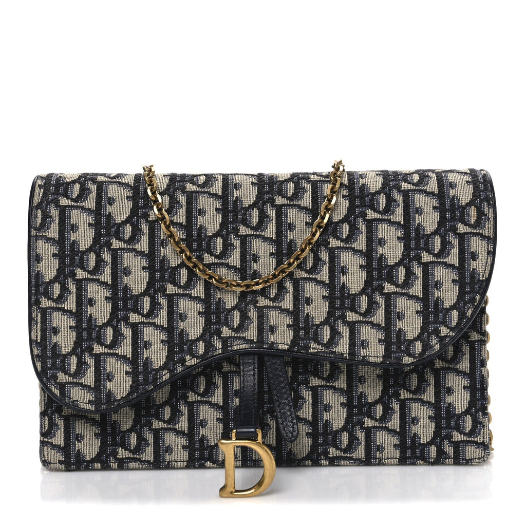 Christian Dior Oblique Saddle Chain Pouch Blue