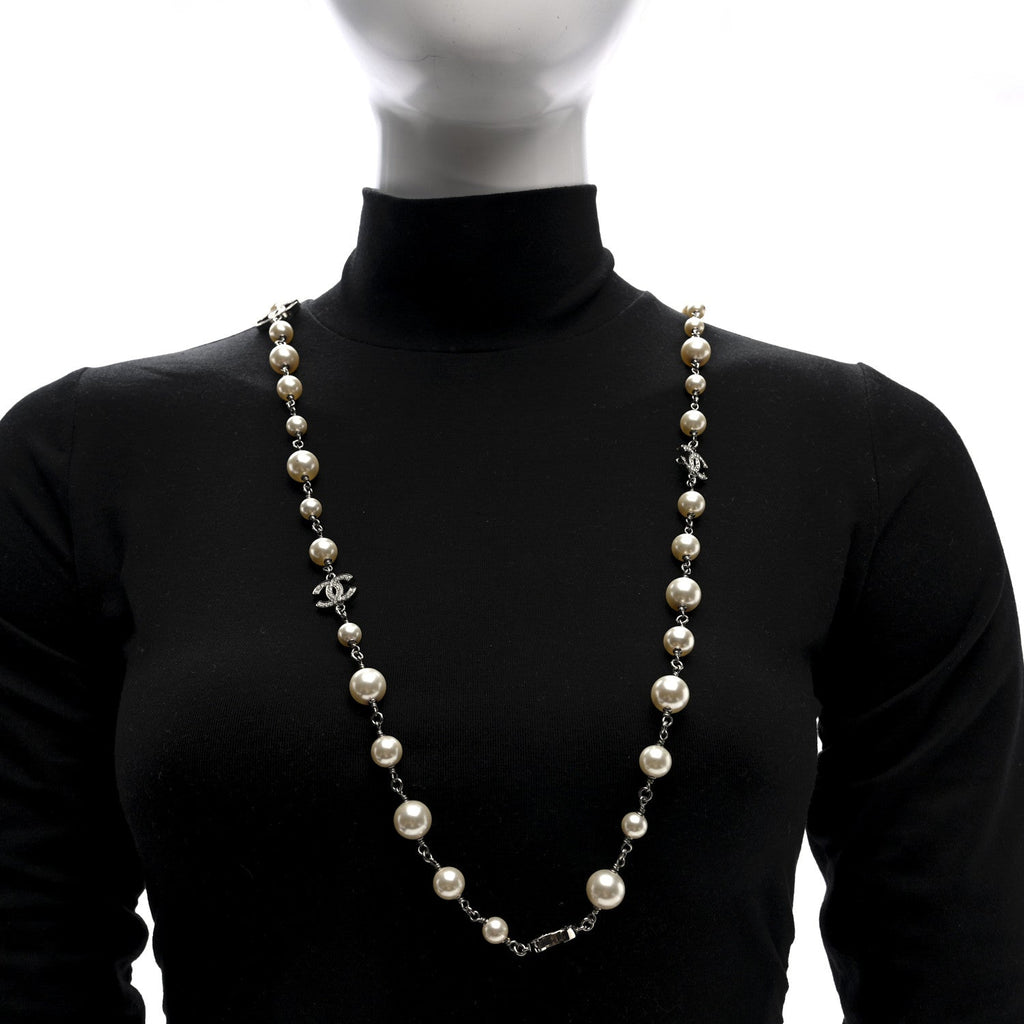 Graduated Pearl Crystal CC Long Necklace Silver