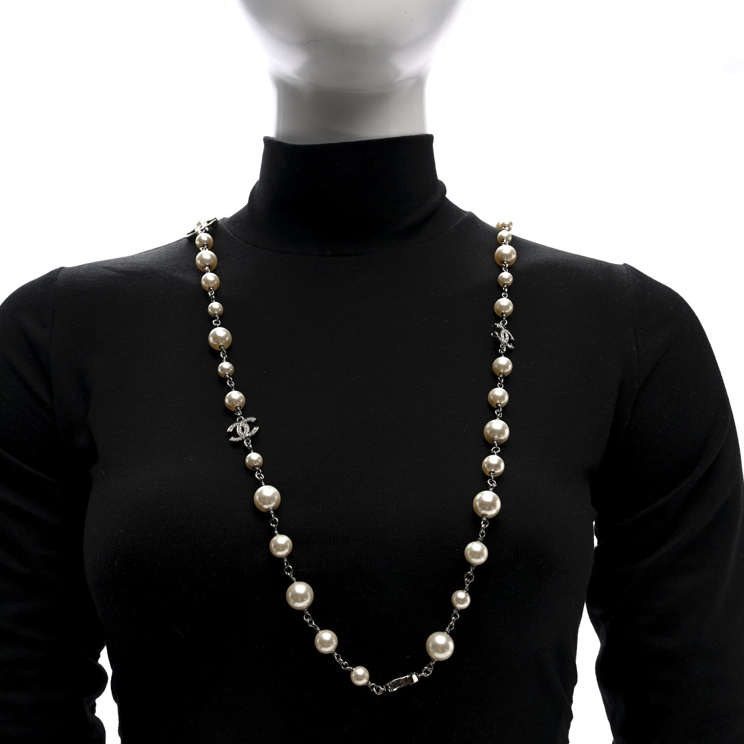 Graduated Pearl Crystal CC Long Necklace Silver