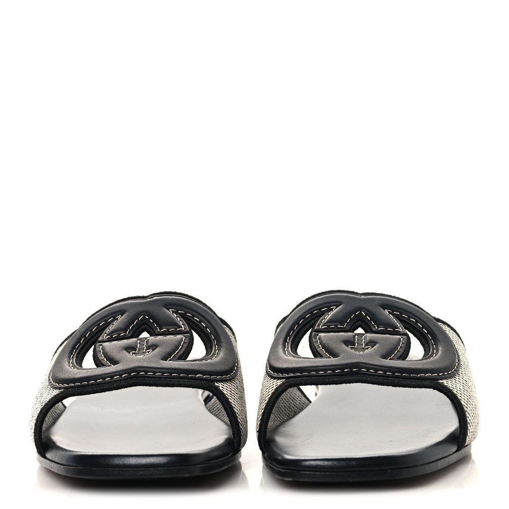 Gucci Canvas Rice Cosmos Softy Calfskin Interlocking G Cut Out Slide Sandals 37.5 Black Natural