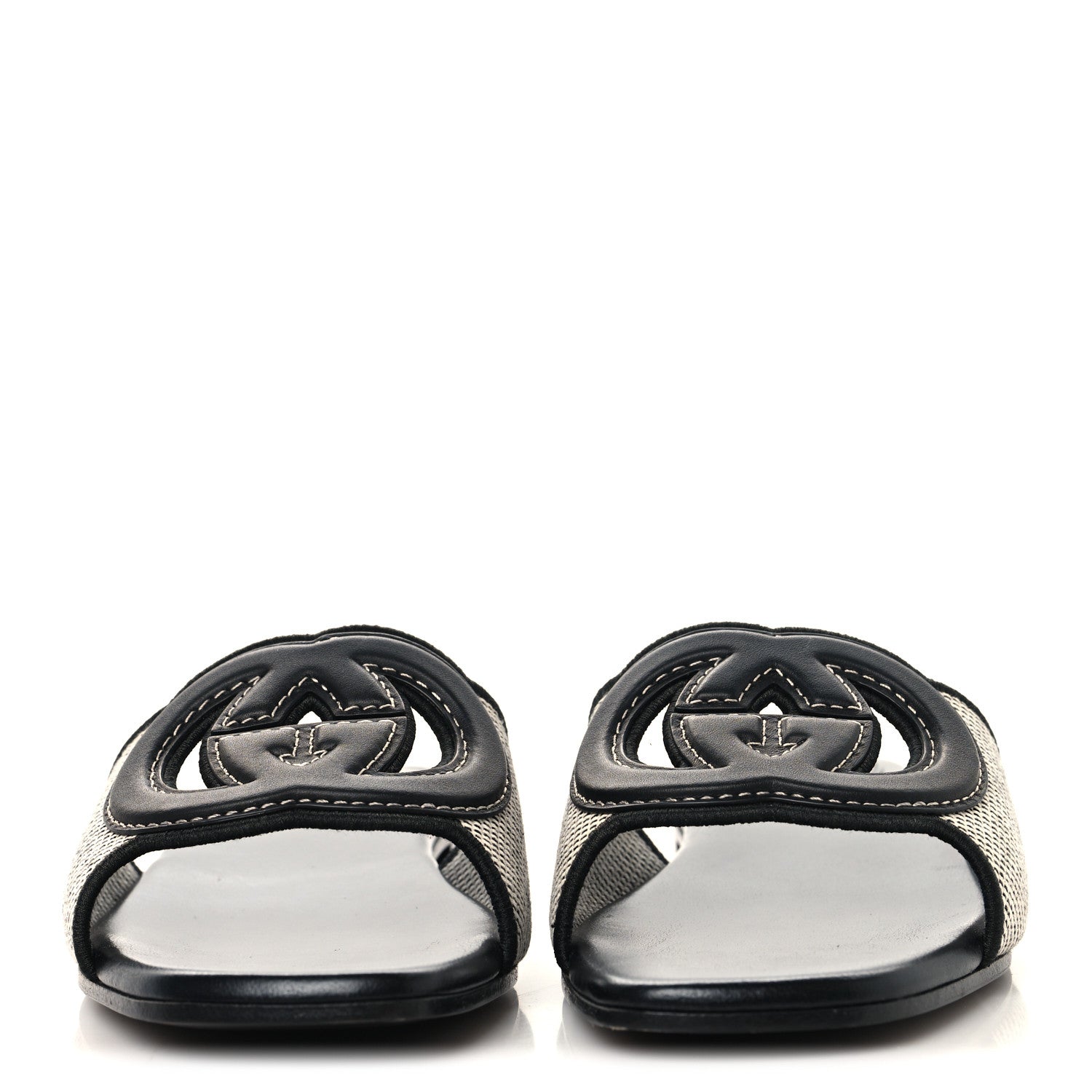 Gucci Canvas Rice Cosmos Softy Calfskin Interlocking G Cut Out Slide Sandals 37.5 Black Natural